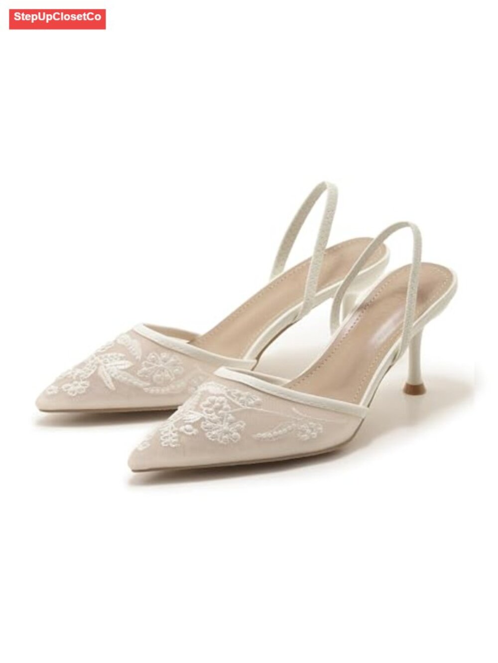 Embroidered Mesh Slingback Kitten Heel Pumps Pointed Toe Backless Women Shoes